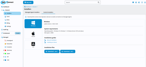Installers page Control Installers tab with Windows selected. Displaying version info, system requirements (Windows 10, 11, Server 2016 and above, 25MB disk space), and installation guides for manual installation or using Intune. Installation files are available via the Microsoft Store or as .exe and .msi downloads. 